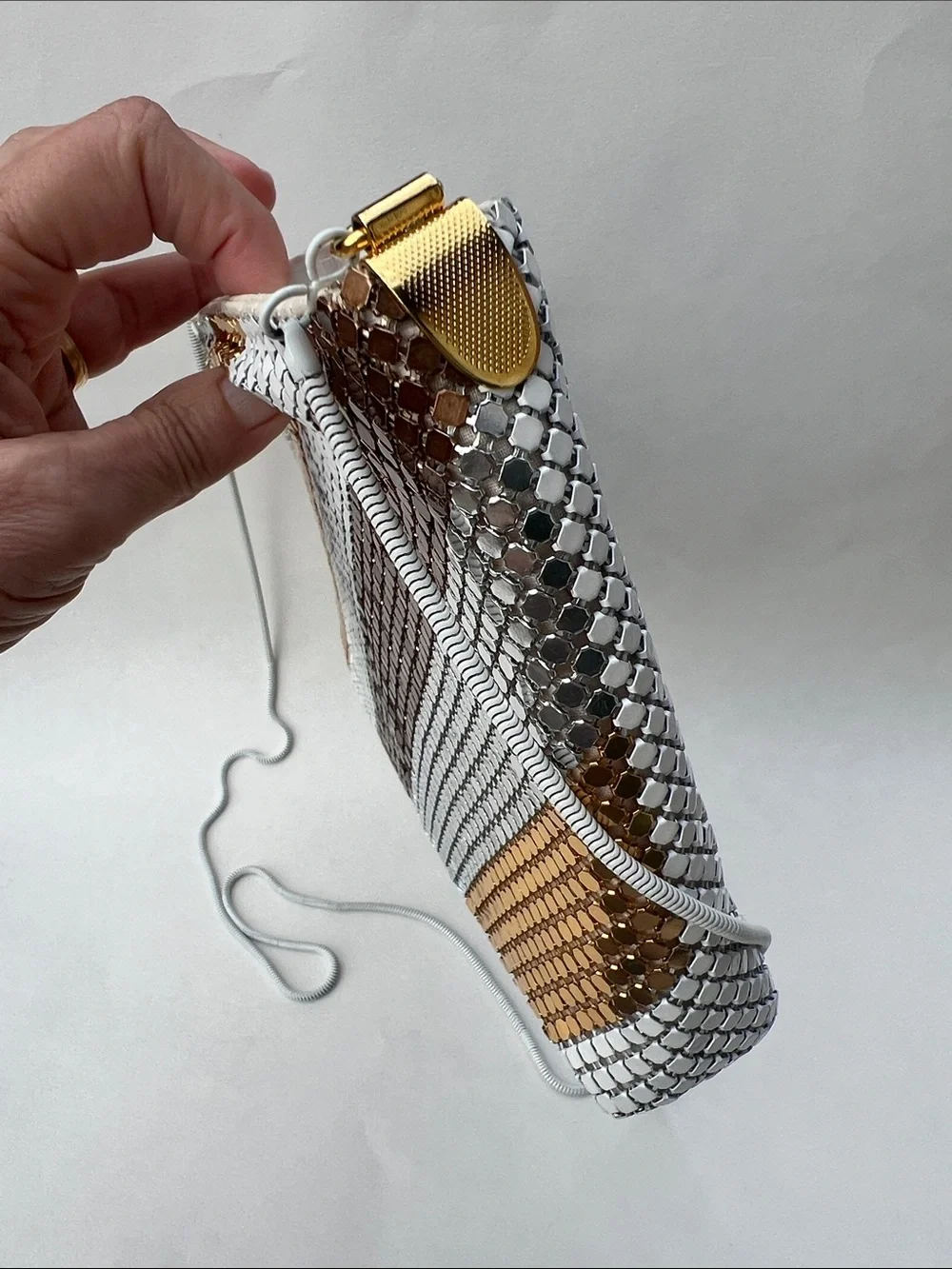 Vintage Warren Reed evening bag with diagonal stripe pattern metallic mesh
